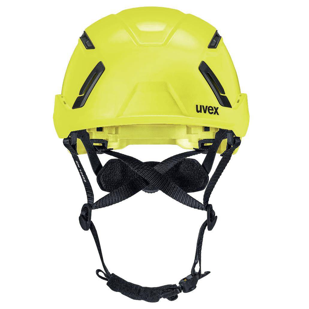Frontansicht des uvex pronamic alpine E Mips® Schutzhelms hi-viz Gelb mit Gabelkinnriemen und integrierter Schutzstruktur für industrielle Sicherheit.
