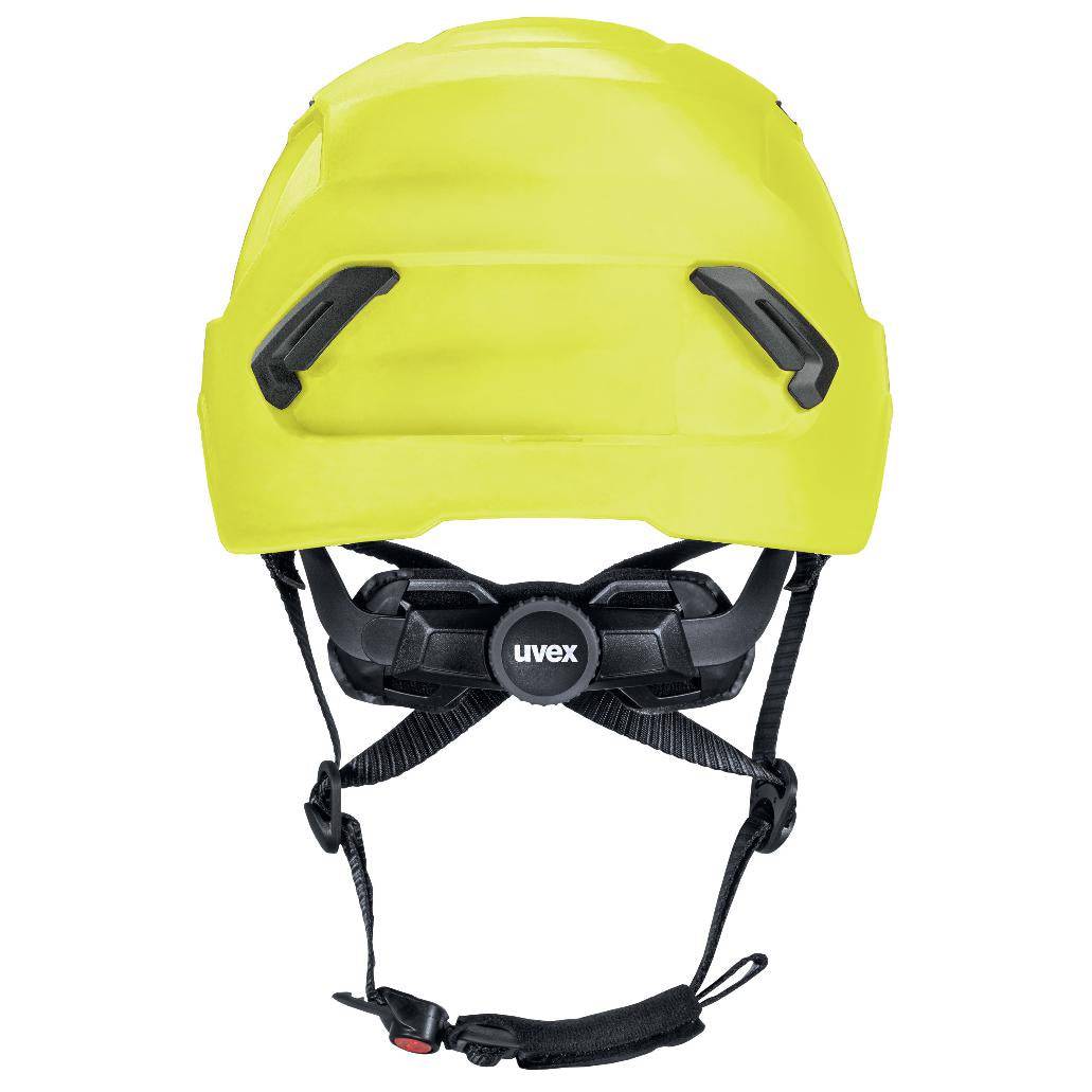 Rückansicht des uvex pronamic alpine E Mips® Schutzhelms hi-viz Gelb mit Gabelkinnriemen und ergonomischem Verstellsystem für sicheren Halt im Einsatz.
