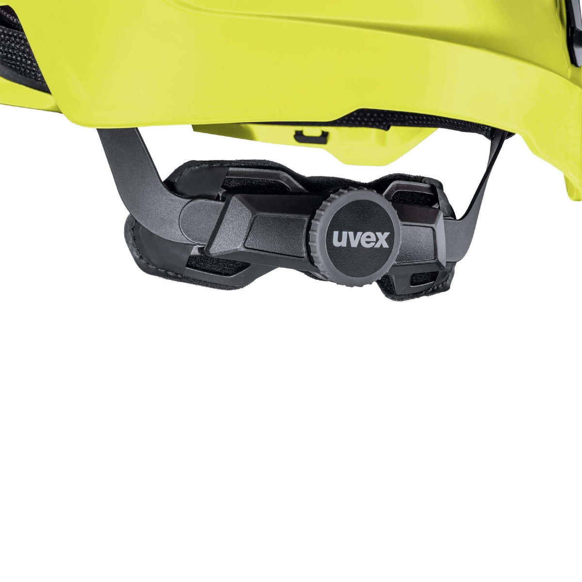 Verstellmechanismus am uvex pronamic alpine E Mips® Schutzhelm hi-viz Gelb für individuelle Anpassung an die Kopfgeometrie im industriellen Einsatz.