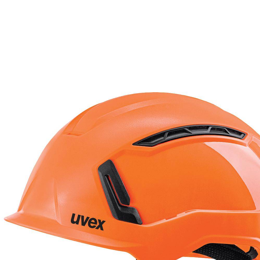 Seitliche Lüftungsöffnung des uvex pronamic alpine E Mips® Schutzhelms hi-viz Orange, ergonomisch geformt für verbesserte Luftzirkulation bei Arbeitseinsätzen.