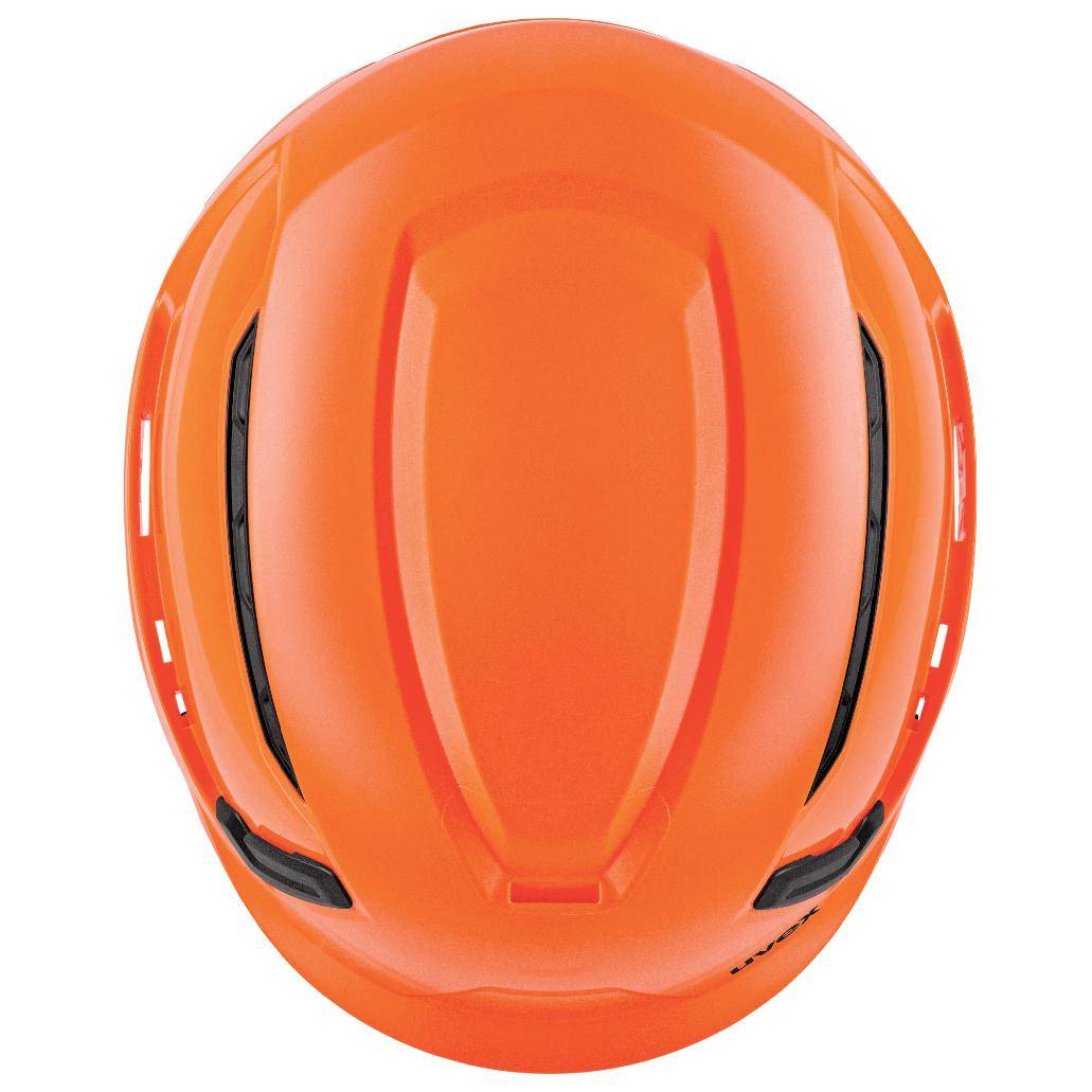 uvex pronamic alpine E Mips® Schutzhelm hi-viz Orange von oben mit glatter Oberfläche und Belüftungskanälen für optimale Luftzirkulation im Einsatz.