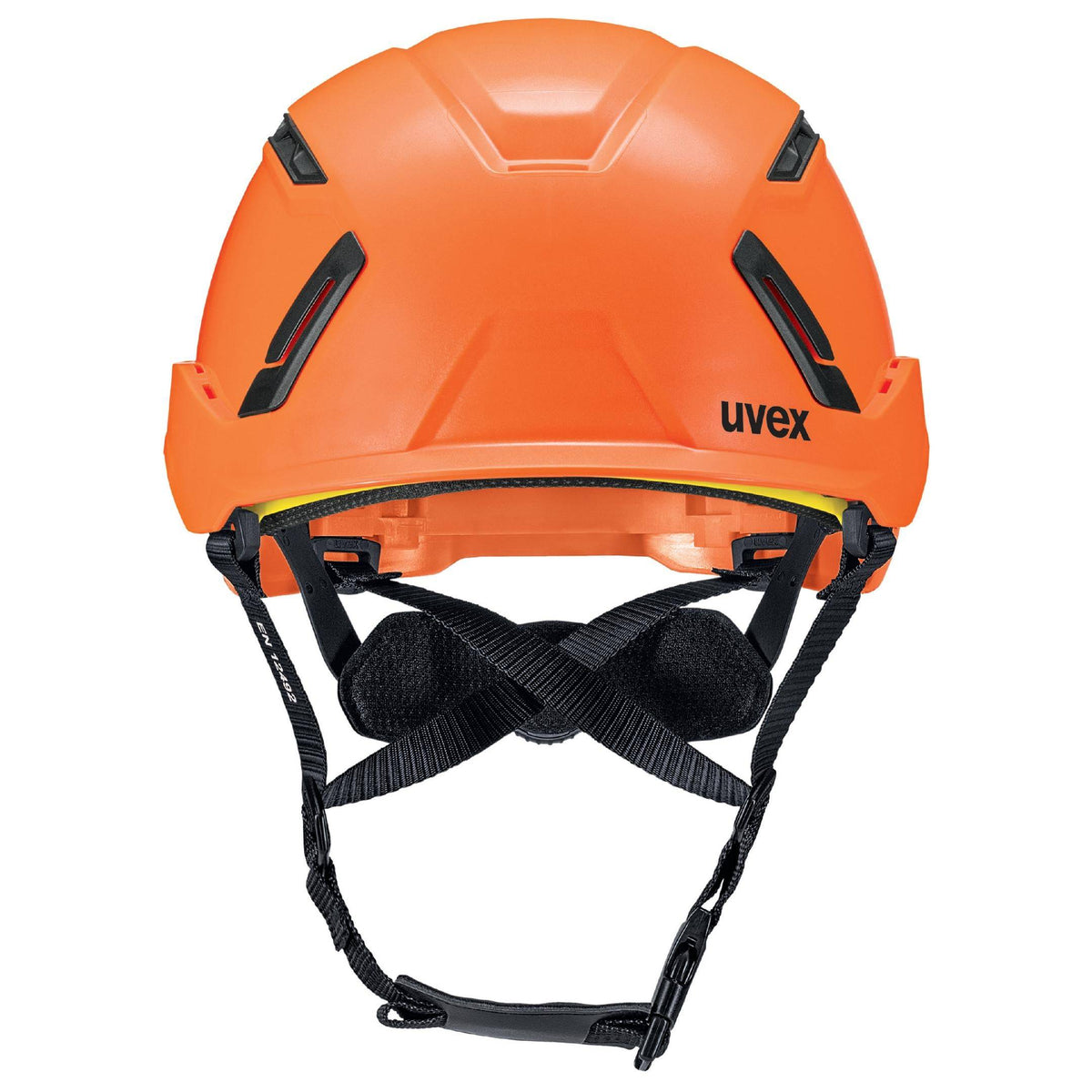 uvex pronamic alpine E Mips® Schutzhelm hi-viz Orange von vorne mit ergonomischem Design und Kinnriemen für sicheren Sitz bei Arbeitsanwendungen.