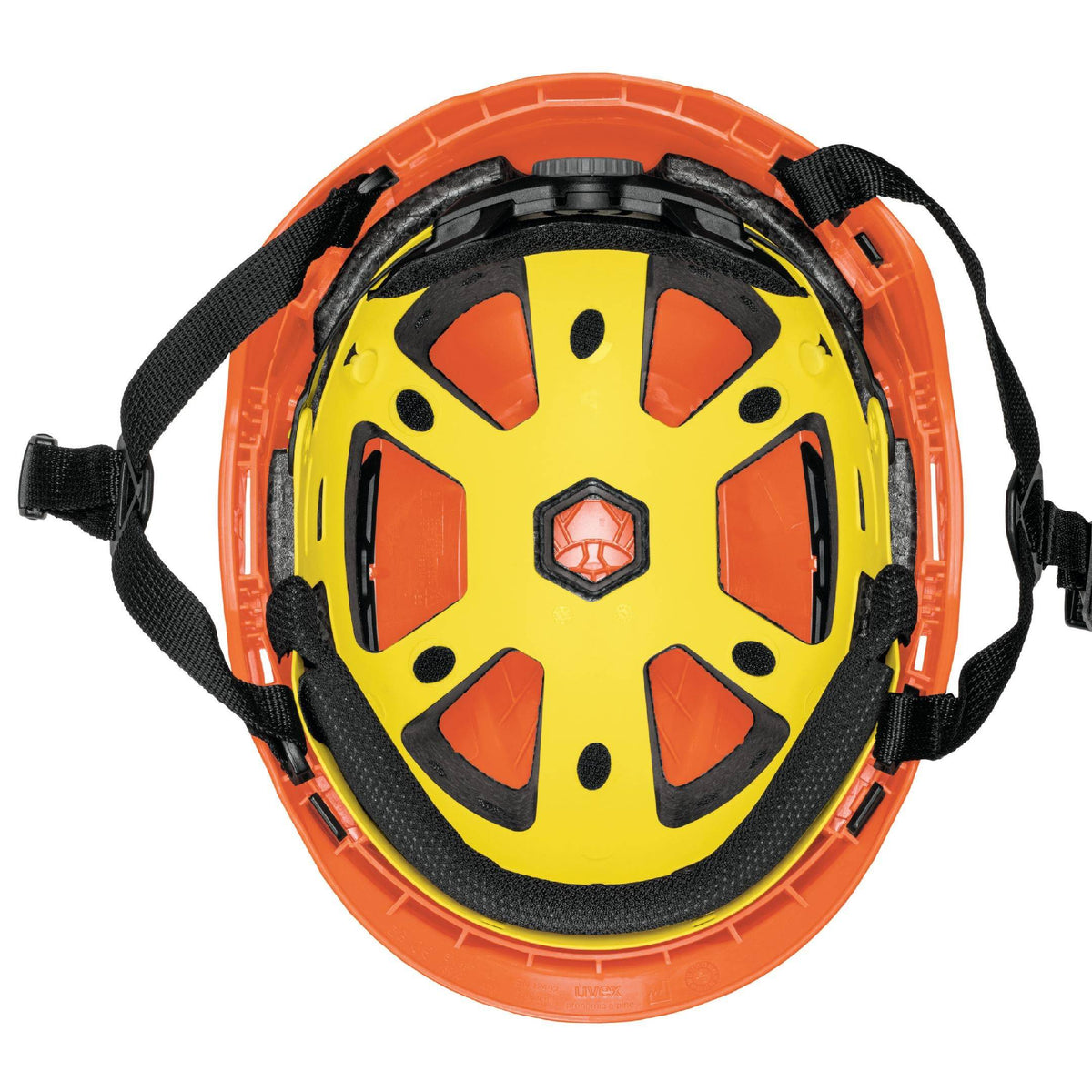 Innenstruktur des uvex pronamic alpine E Mips® Schutzhelms hi-viz Orange mit Mips®-System für verbesserten Aufprallschutz bei industriellen Tätigkeiten.