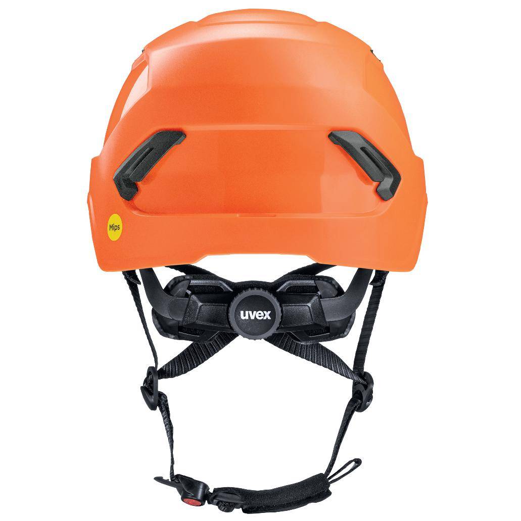 uvex pronamic alpine E Mips® Schutzhelm hi-viz Orange von hinten mit Mips®-Label und verstellbarem Kopfband für optimalen Schutz bei Industriearbeiten.