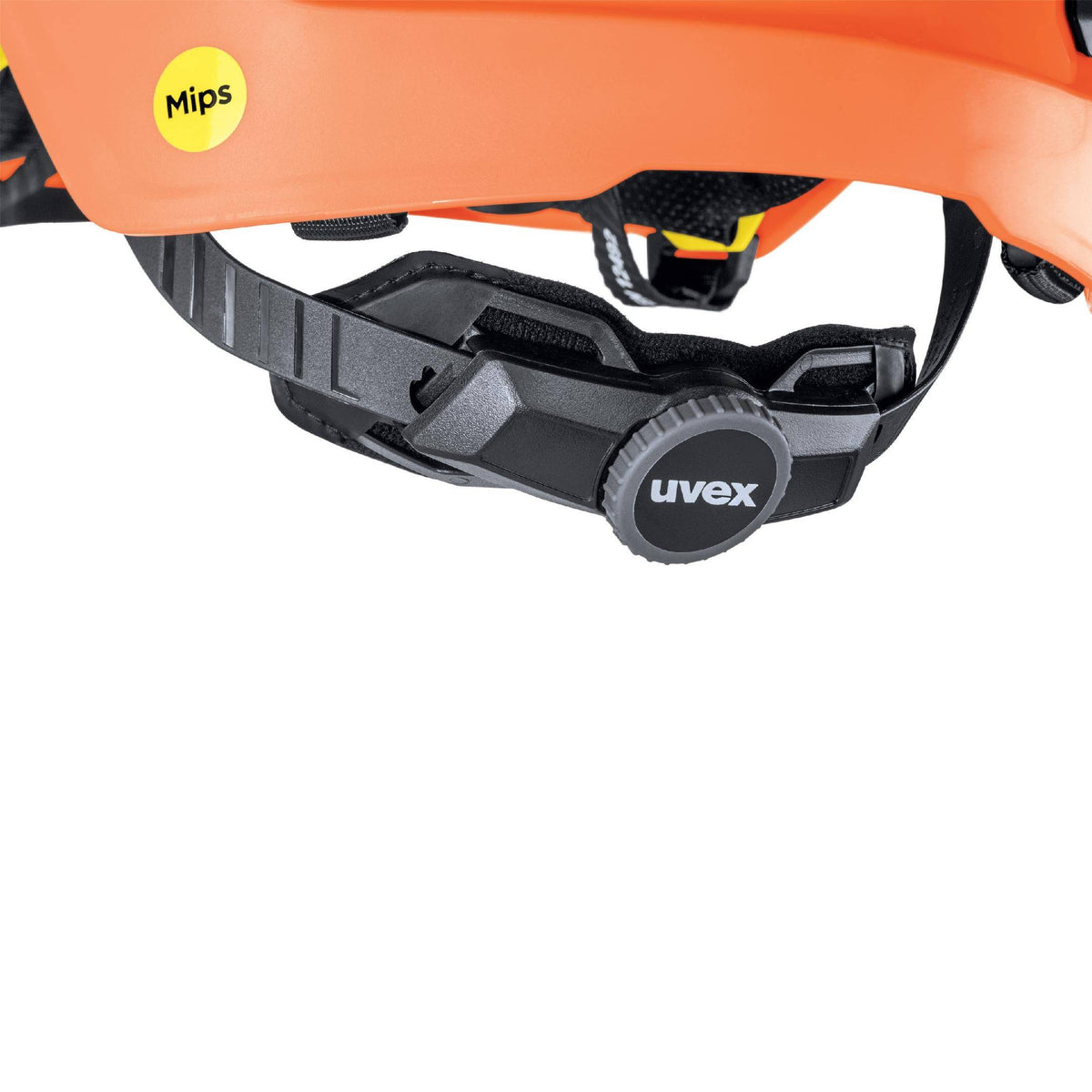 Mips®-Kennzeichnung und Drehverschluss am uvex pronamic alpine E Mips® Schutzhelm hi-viz Orange für präzise Passform und erweiterten Kopfschutz.