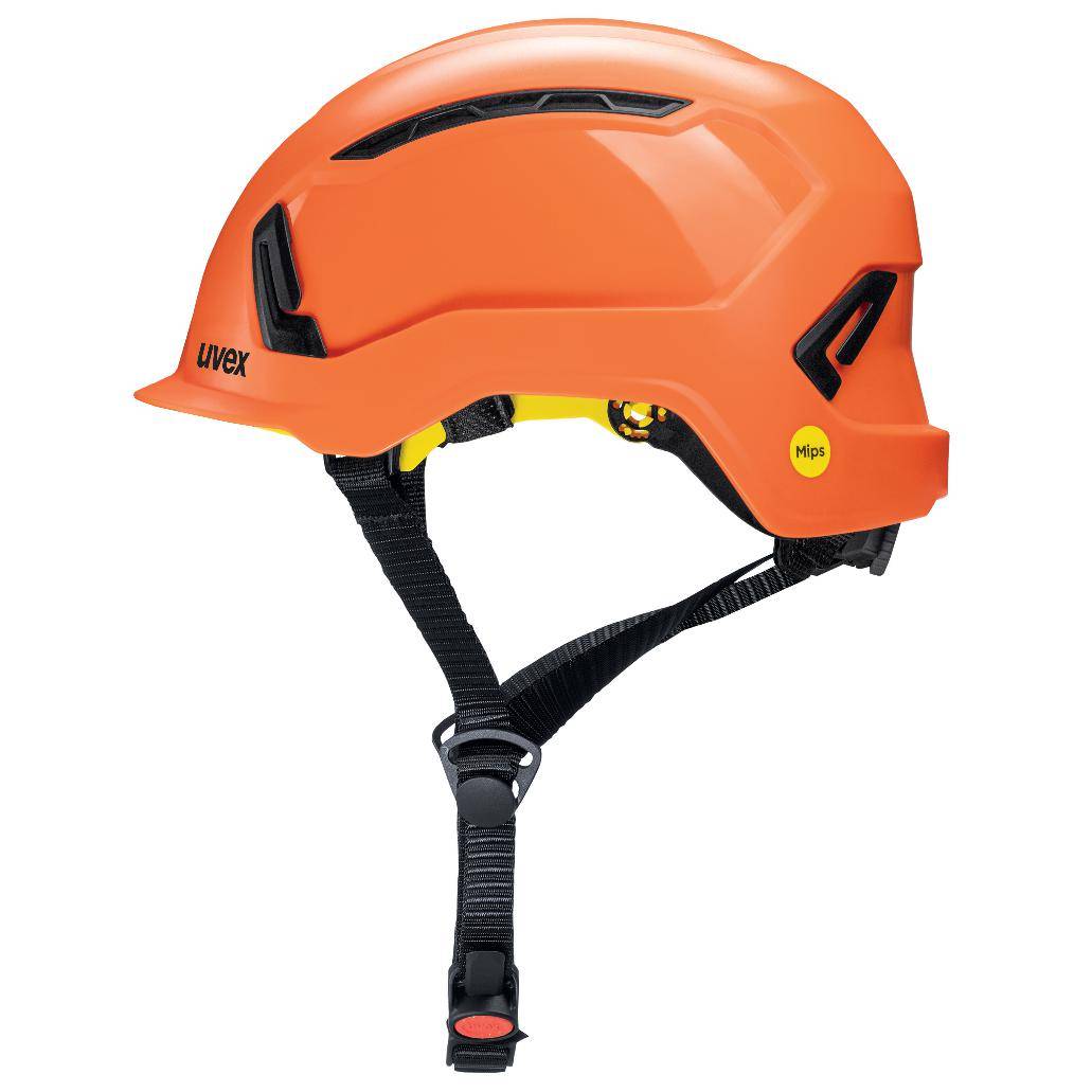 Seitenansicht des uvex pronamic alpine E Mips® Schutzhelms hi-viz Orange mit Mips®-Logo und Gabelkinnriemen für sicheren Halt bei Industriearbeiten.