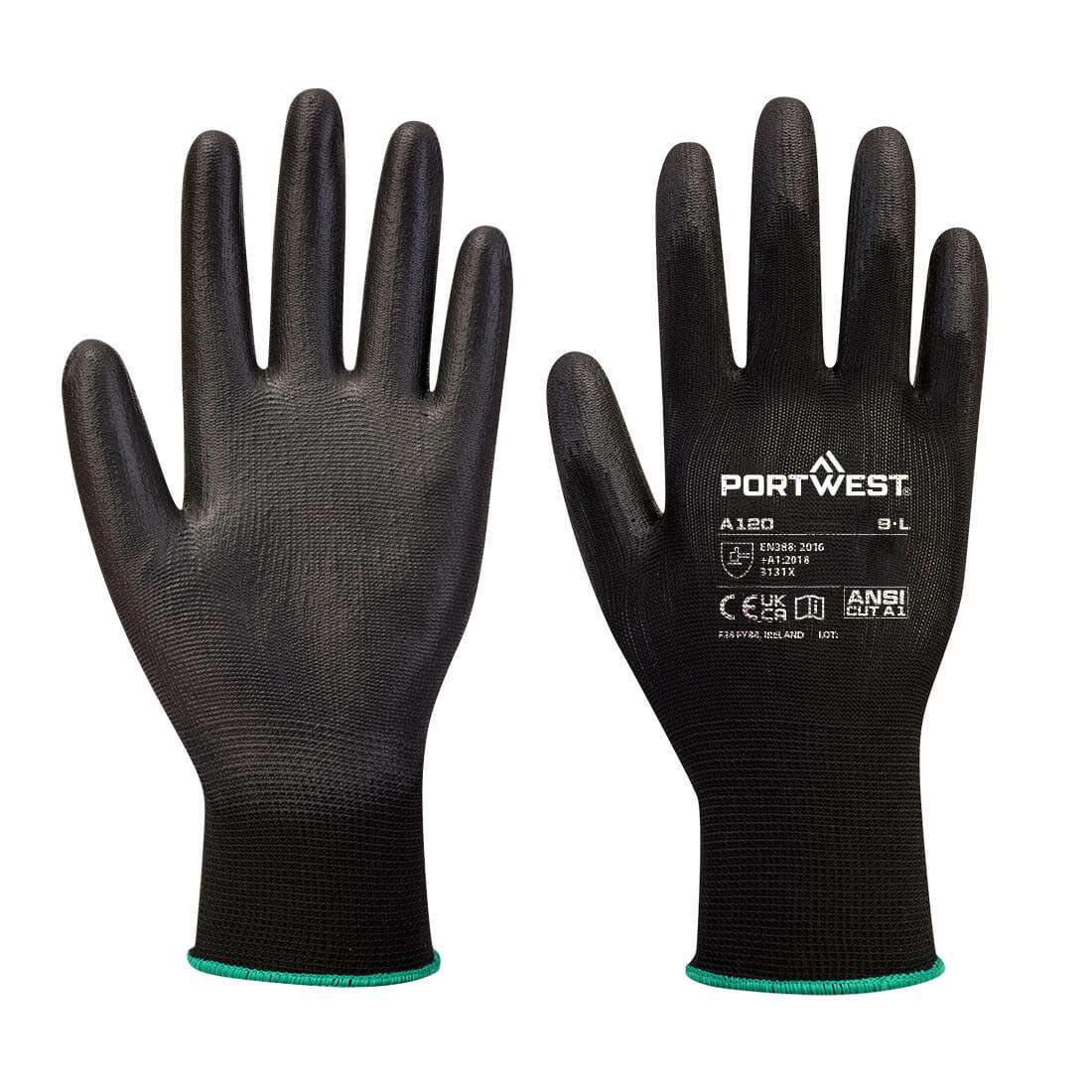 PU-Beschichteter-Handschuh A120 schwarz von Portwest mit hoher Griffsicherheit und Abriebfestigkeit, ideal für präzise Montagearbeiten.
