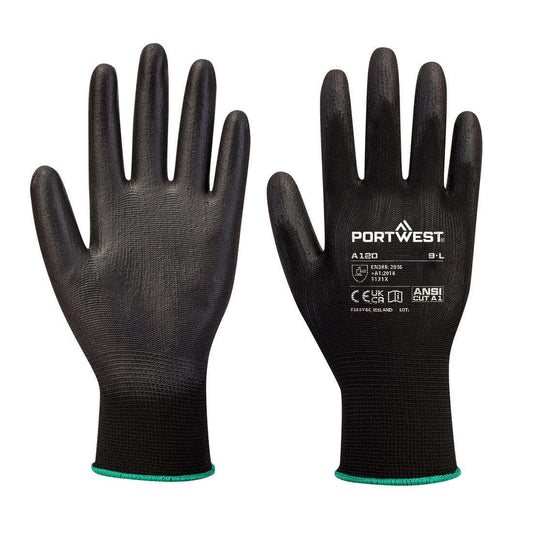 PU-Beschichteter-Handschuh A120 schwarz von Portwest mit hoher Griffsicherheit und Abriebfestigkeit, ideal für präzise Montagearbeiten.