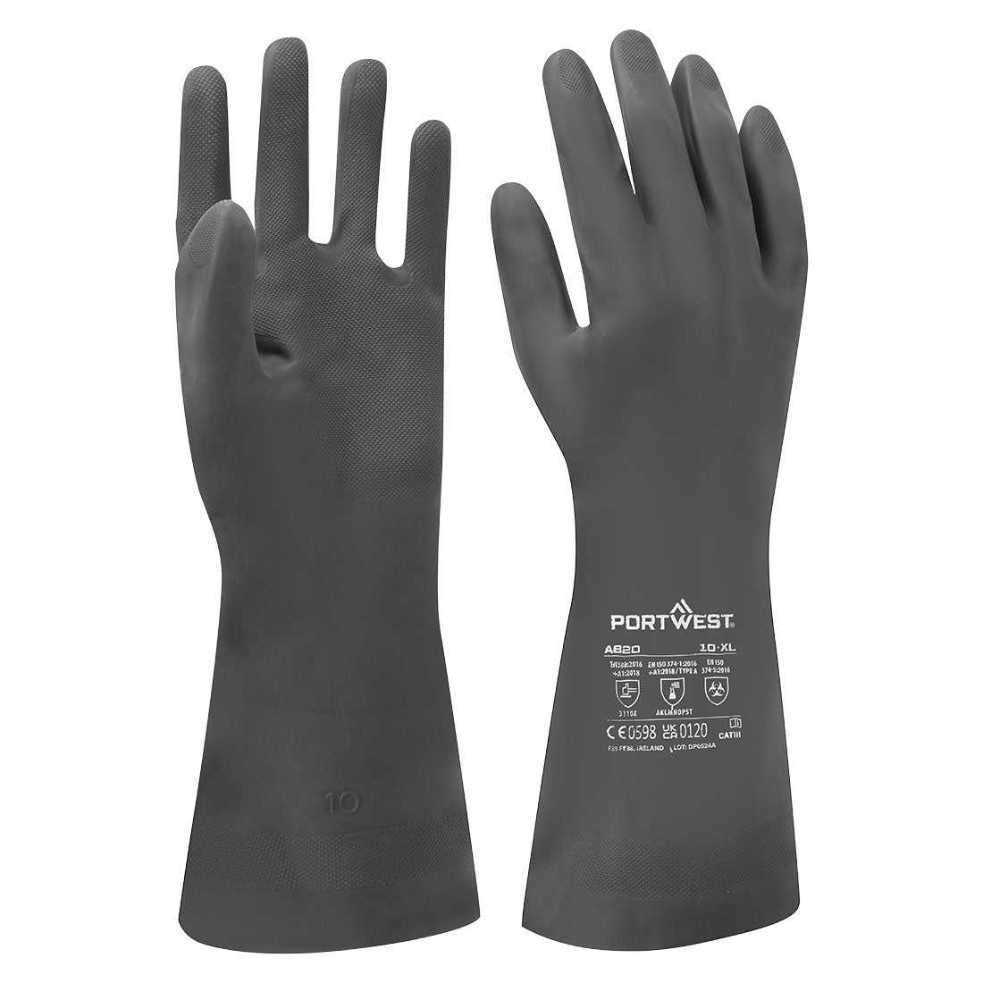 Chemikalienschutzhandschuhe PVC A881 in Schwarz, CE-zertifiziert, Größe 10, mit strukturierter Oberfläche für sicheren Griff.