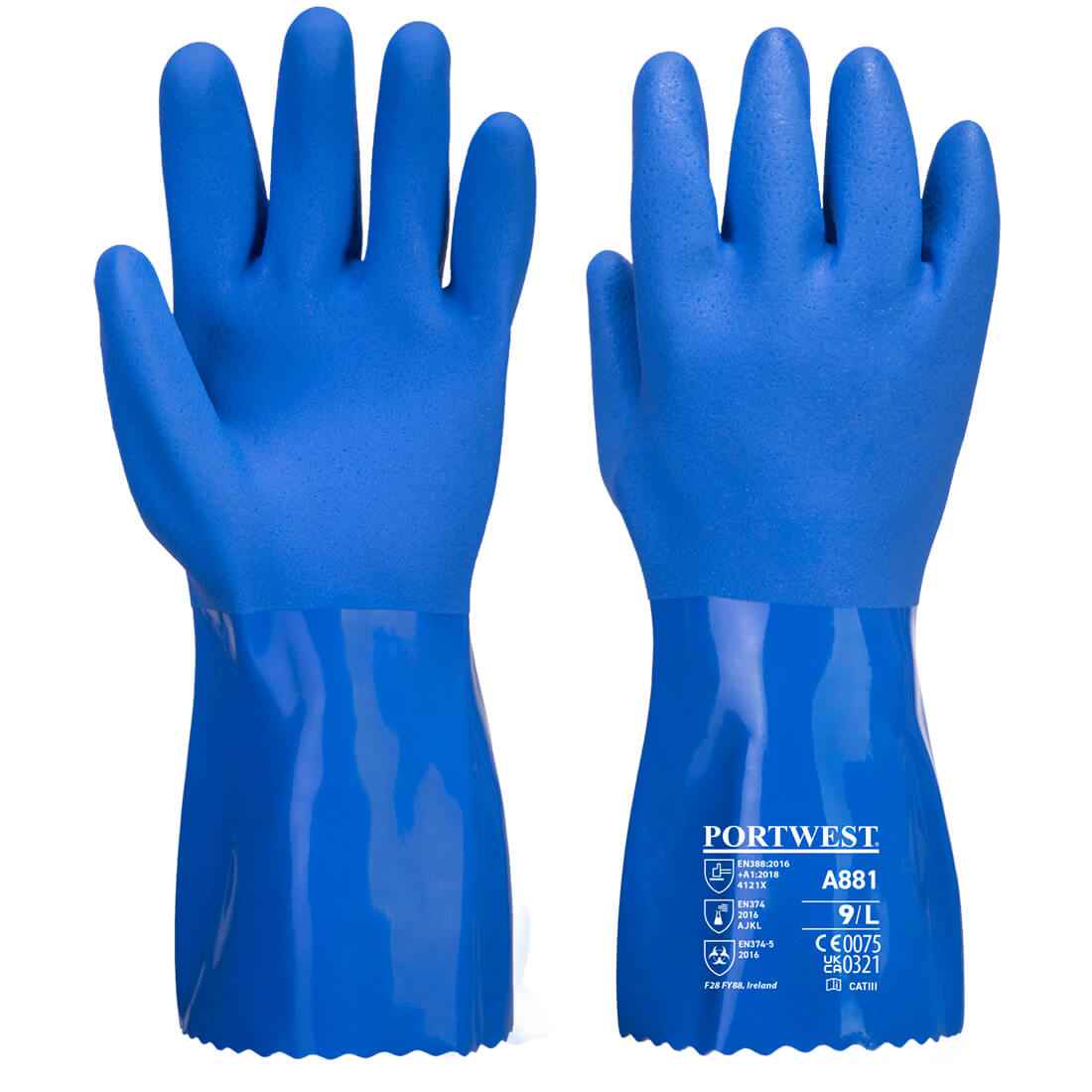 Blaue Mehrweg-Handschuhe PVC A881 mit komfortablem Griff