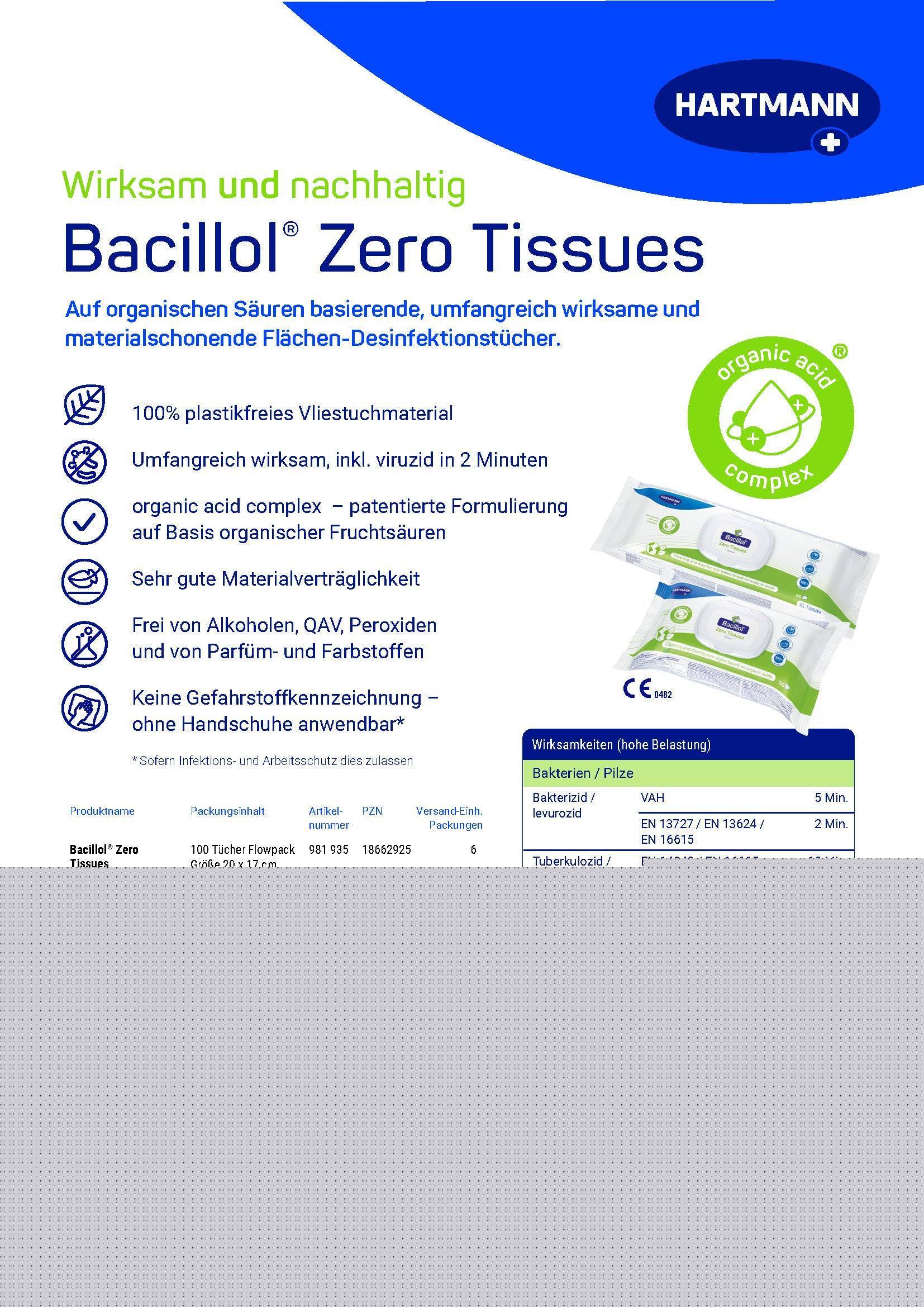 Produktinformation zu Bacillol Zero Tissues: alkoholfreie, plastikfreie Desinfektionstücher mit schneller Viruzid-Wirkung und materialschonender Formel.