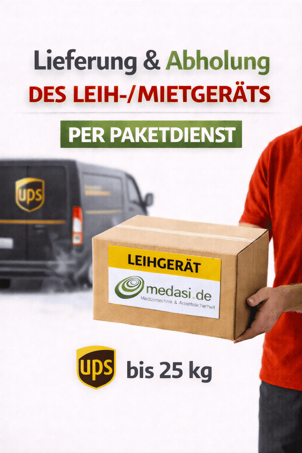 STK Defibtech - Versand von Leih- oder Mietgeräten für Defibrillatoren per UPS mit Paket bis 25 kg für medizinische Sicherheit.