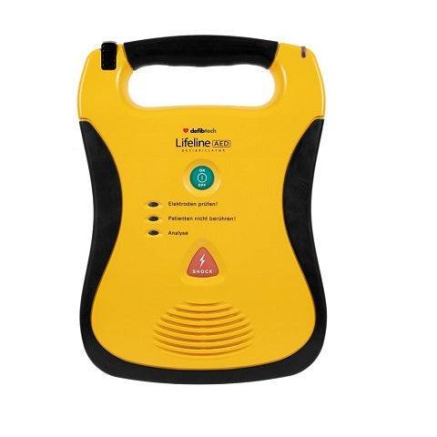 Defibtech Lifeline SG AED in Gelb-Schwarz mit Bedienfeld und Schocktaste, ideal für Notfallmedizin im gewerblichen Einsatz.