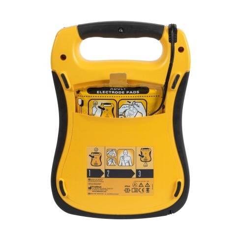 Defibtech Lifeline SG AUTO AED – Sicher und Effizient, Rückseite mit integrierten Elektroden und Anleitung zur schnellen Anwendung im Notfall.