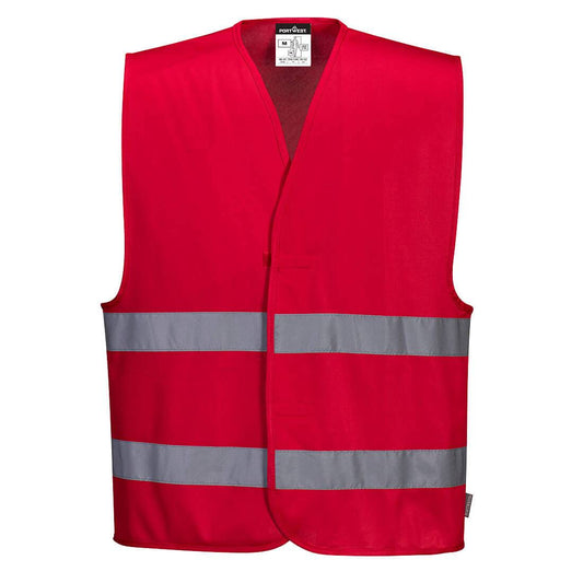 Iona Weste F474 - Portwest Sicherheitsweste hohe Sichtbarkeit in Rot mit reflektierenden Streifen, ideal für Einsatzbekleidung im Außenbereich.