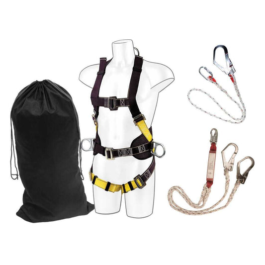 Portwest Fallschutzset FP65 für Gerüstbauer mit 2-Punkt-Gurt, Verbindungsmittel, Halteseil und Nylontasche für Arbeitssicherheit auf Baustellen.