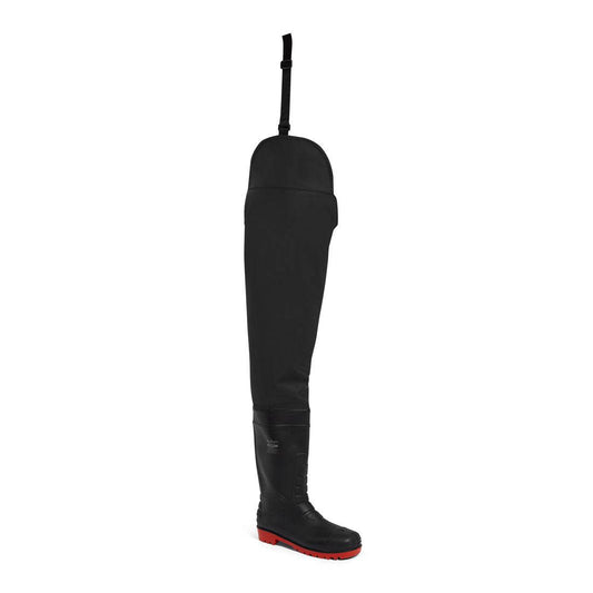 Portwest Sicherheits-Watstiefel S5 mit Stahlkappe und roter Sohle, wasserdicht und kniehoch für Arbeitsschutz in nassen Umgebungen.