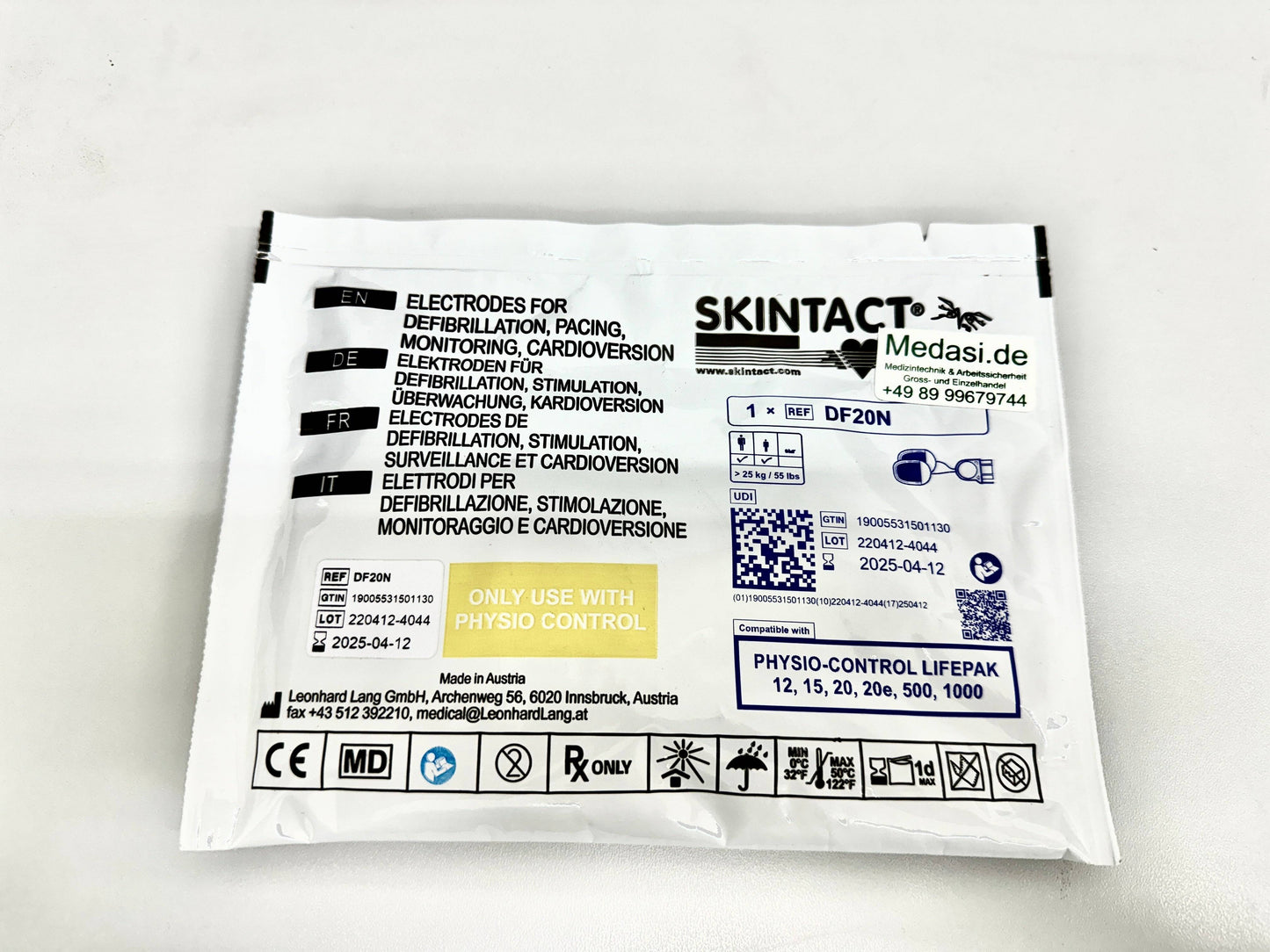 Defi-Elektrode Skintact für PhysioControl DF20N in Originalverpackung, kompatibel mit PHYSIO-CONTROL LIFEPAK Geräten, unkonnektiert und steril.