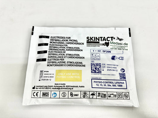 Defi-Elektrode Skintact für PhysioControl DF20N in Originalverpackung, kompatibel mit PHYSIO-CONTROL LIFEPAK Geräten, unkonnektiert und steril.