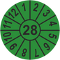 Grüne Prüfplakette Jahresmarke 2028 zur dauerhaften Kennzeichnung von Geräten. Robustes Prüfetikett für Qualitätsmanagement.
