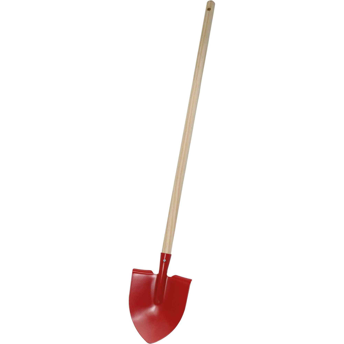 Kinder-Spitzspaten mit Tritt und geradem Holzstiel in Rot. Robustes Gartengerät für Kinder zur spielerischen Gartenarbeit im Außenbereich.