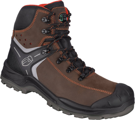 Sicherheitsschuh L6310 Parma, Stiefel niedrig by medasi.shop mit Fiberglas-Zehenschutzkappe, durchtrittshemmender Gewebe-Zwischensohle und atmungsaktivem Mesh-Innenfutter. Robuster brauner Arbeitsschuh mit schwarzer Sohle und orangen Nähten.