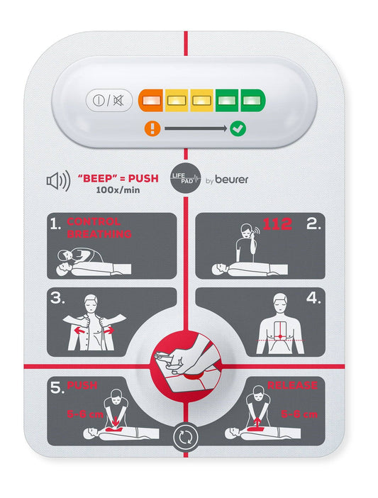 LifePad® Reanimationshilfe mit Schritt-für-Schritt-Reanimation Anleitung, akustischem Feedback und IP44 Schutz für Notfallsituationen.