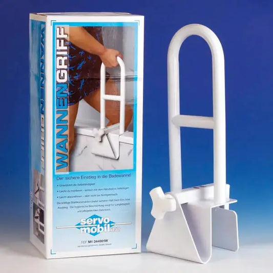 Servocare Badewannengriff für sicheren Halt in der Badewanne. Robuste Stahlkonstruktion mit Vinyl-Beschichtung, rostfrei und einfach zu montieren.