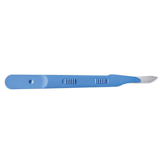 Einweg-Skalpell Fig. 10 steril mit Edelstahlklinge und blauem Kunststoffgriff für präzise medizinische Eingriffe. Ideal für den Einmalgebrauch im OP.