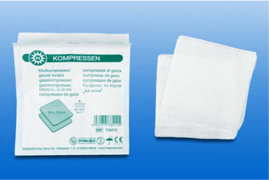 Sterile Mull-Kompressen Noba 8-fach 17-fädig à 2, aus 17-fädigem Verbandmull, in verschiedenen Größen wie 10x10 cm, ideal für Wundversorgung.