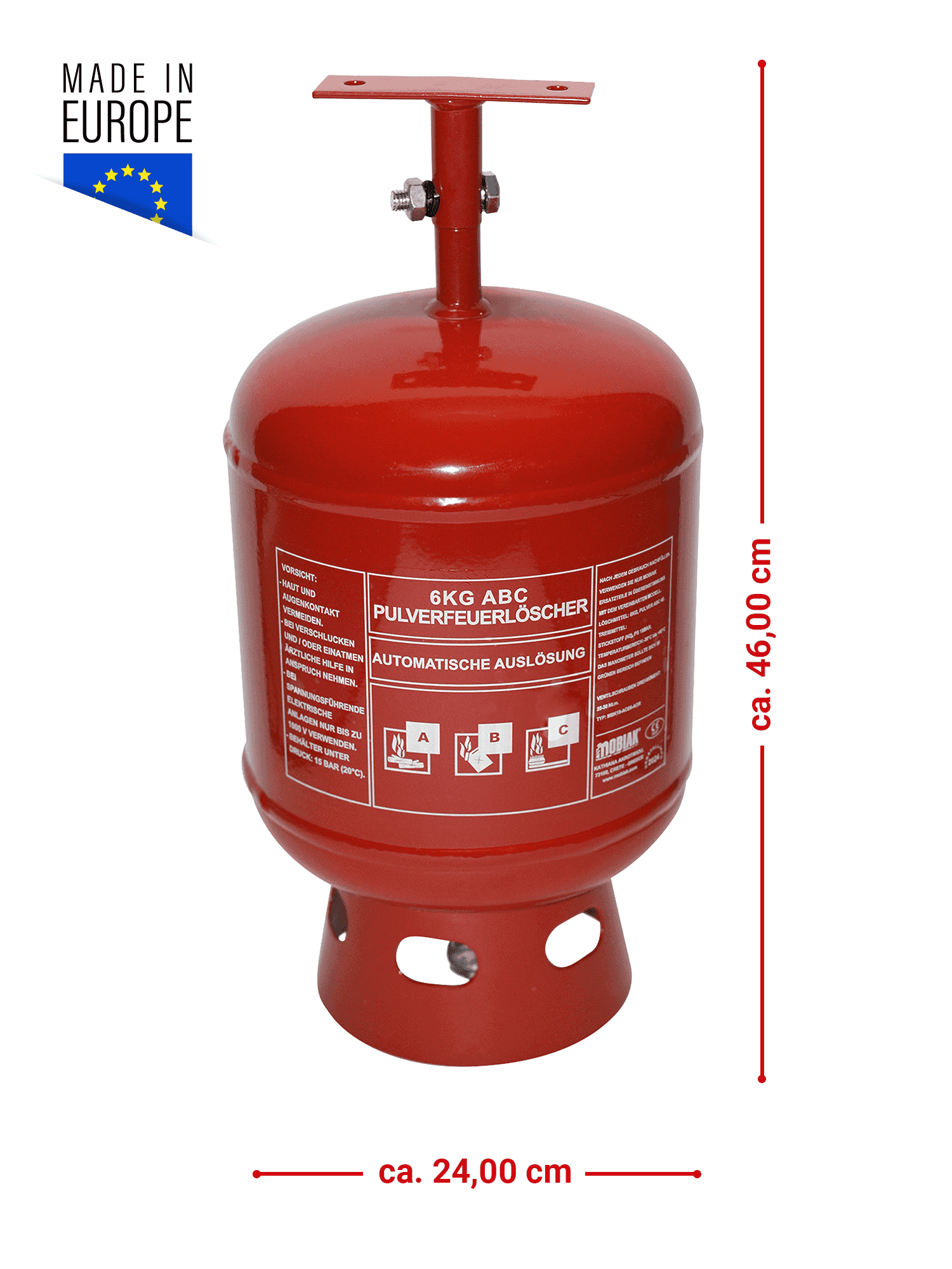 Maße des Automatik Pulver Feuerlöschers 68°C: ca. 46 cm hoch und 24 cm breit, Made in Europe, für Brandschutz in Innenräumen.