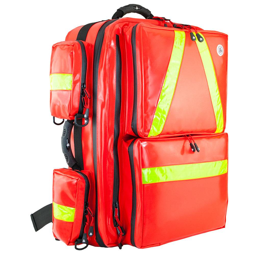 Robuster WaterStop PROFI Notfallrucksack mit mehreren Außentaschen und Reflektorstreifen für den professionellen Einsatz.