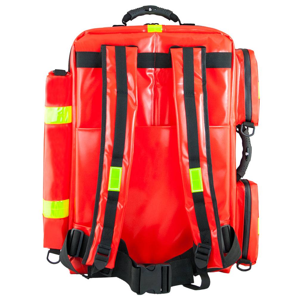 Rückseite des WaterStop PROFI Notfallrucksacks mit gepolsterten Trägern und reflektierenden Streifen für ergonomischen Tragekomfort.