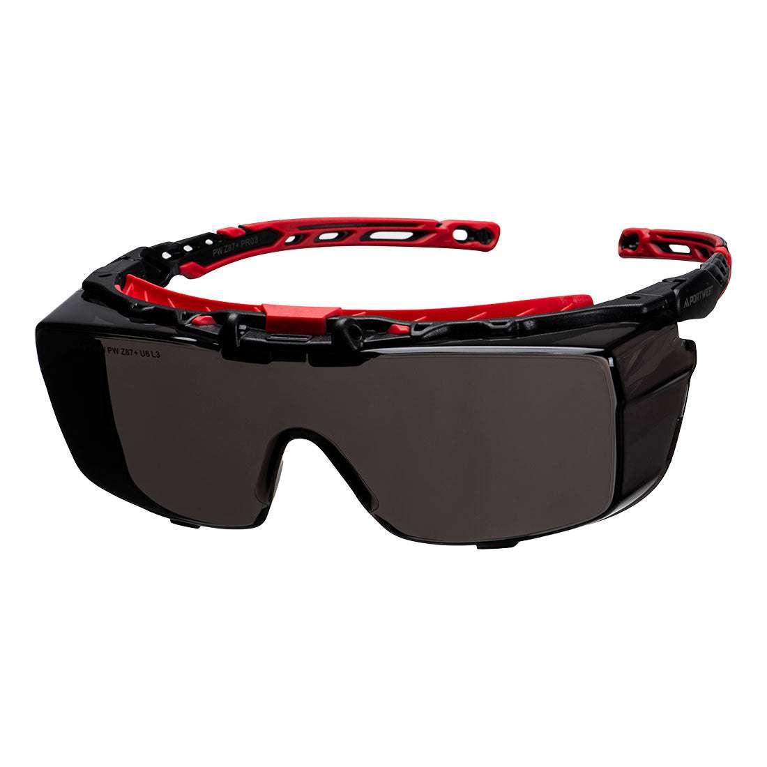 Überbrille Extra OTG Safety PR03 Portwest Schutzbrille mit getönten Gläsern, idealer UV-Schutz und Komfort für industrielle Einsätze.