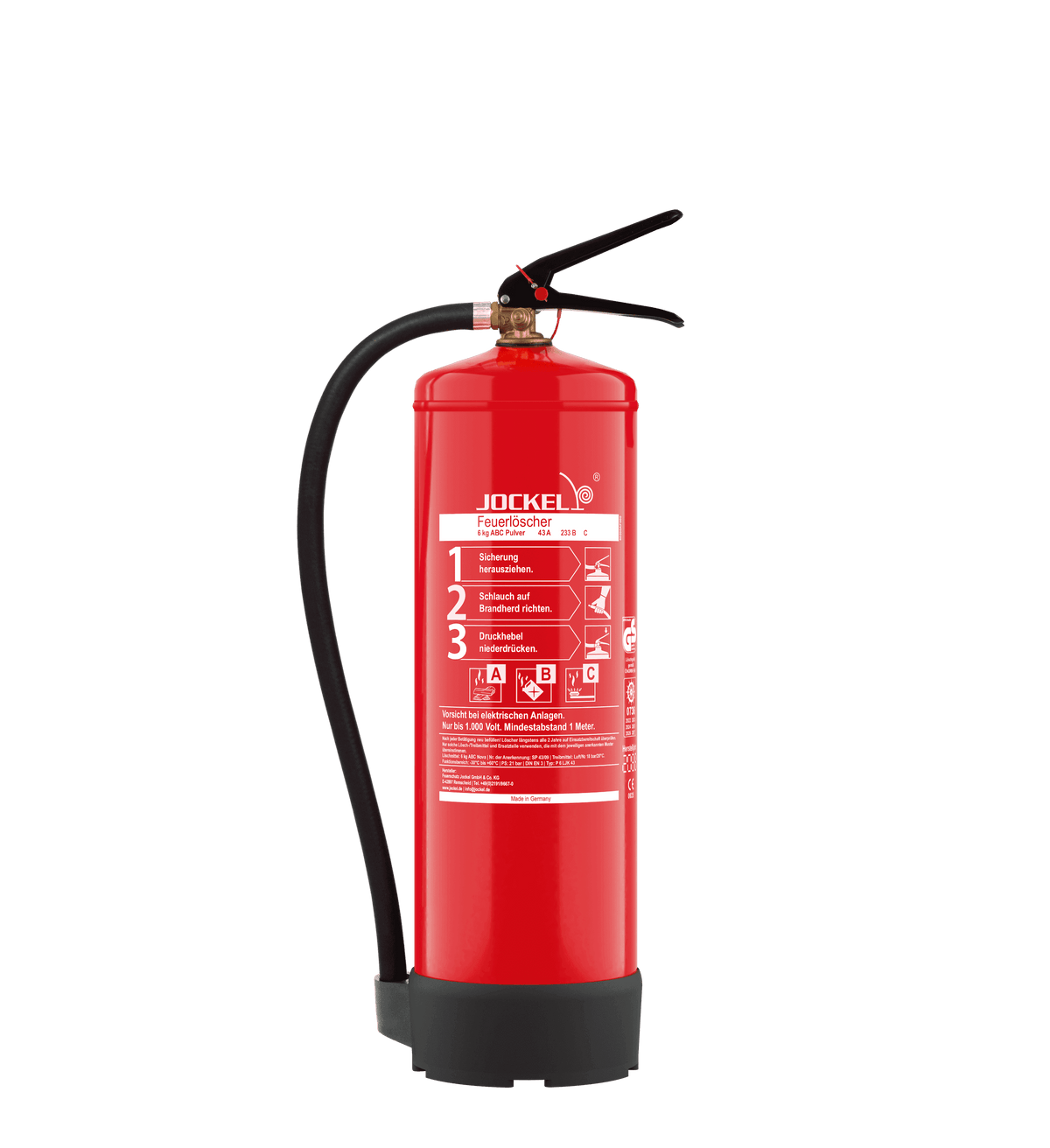 Pulverlöscher Jockel P6LJK M 6 kg für Industriebetriebe mit ABC-Pulver, geeignet für Brandklassen A, B, C. Robuster Dauerdruckfeuerlöscher mit 8m Sprühweite.