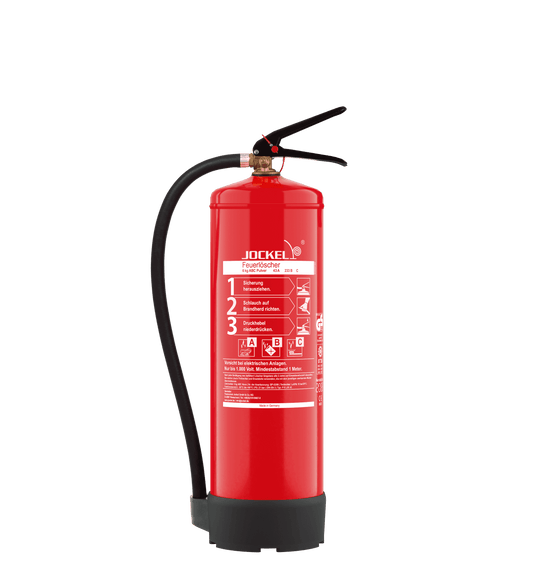 Pulverlöscher Jockel P6LJK M 6 kg für Industriebetriebe mit ABC-Pulver, geeignet für Brandklassen A, B, C. Robuster Dauerdruckfeuerlöscher mit 8m Sprühweite.