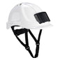 Weißer Portwest Endurance Schutzhelm PB55 mit integriertem Ausweishalter für professionelle Sicherheitsanforderungen in Industrie und Bau.