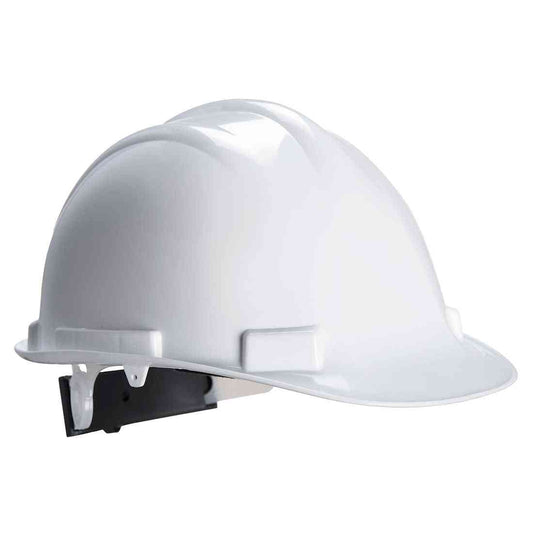 Schutzhelm Portwest PS57 in Weiß mit Verstellrad und hochdichtem Polypropylen für elektrische Isolierung bis 1000Vac. Ideal für Arbeitsschutz.