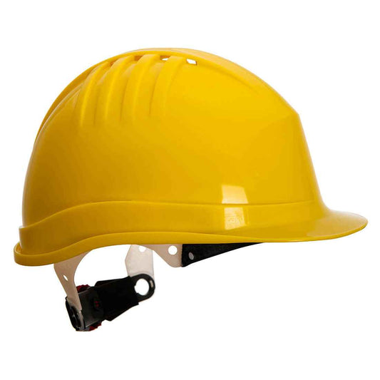 PS62 - Industrieschutzhelm kaufen - Expertline Schutzhelm in Gelb mit belüfteter Schale und 6-Punkt-Gurt, CE zertifiziert für Arbeitsschutz.
