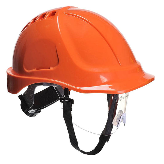 Oranger Helm mit integriertem Visier Endurance Plus PW54 von Portwest, ideal für Arbeitsschutz in Industrieumgebungen.