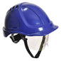 Blauer Schutzhelm mit integriertem Visier Endurance Plus PW54 von Portwest für sicheres Arbeiten auf Baustellen.