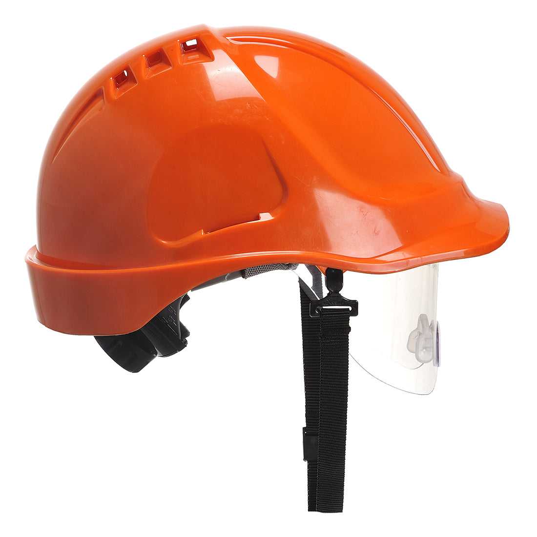 Oranger Endurance Plus Visierhelm PW54 mit Belüftungsschlitzen, verstellbarem Kopfband und klarem Visier – ideal für industrielle Einsätze.