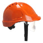 Oranger Endurance Plus Visierhelm PW54 mit Belüftungsschlitzen, verstellbarem Kopfband und klarem Visier – ideal für industrielle Einsätze.