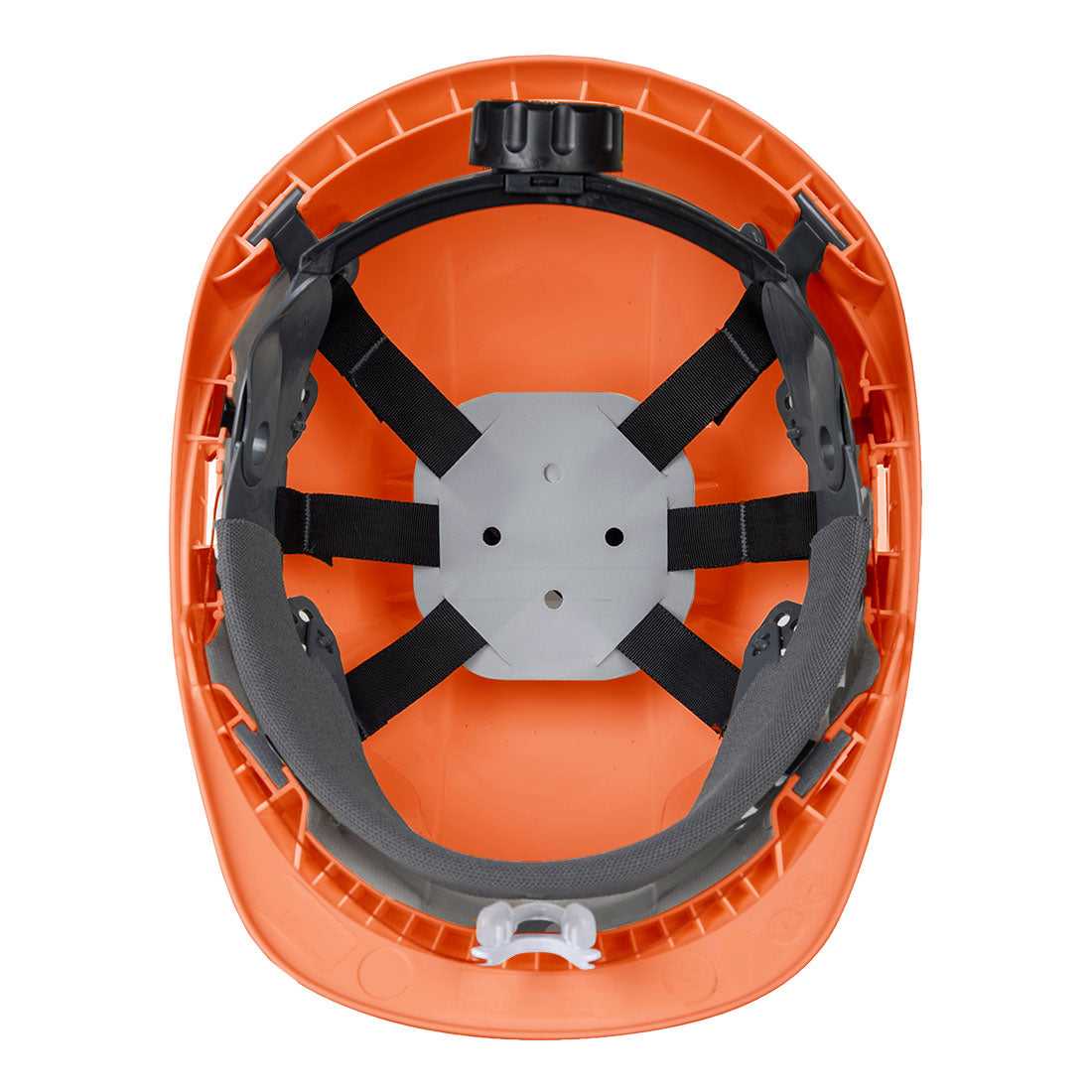 Innenansicht des orangen Endurance Plus Visierhelms PW54 mit 6-Punkt-Gurt und komfortabler Polsterung – ideal für den Arbeitsschutz.