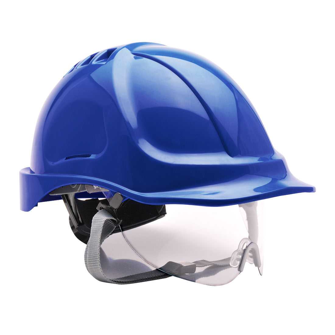 Blauer Endurance Plus Visierhelm PW54 mit integriertem Visier, ABS-Schale und verstellbarem Gurt – ideal für Baustellen und Industrie.
