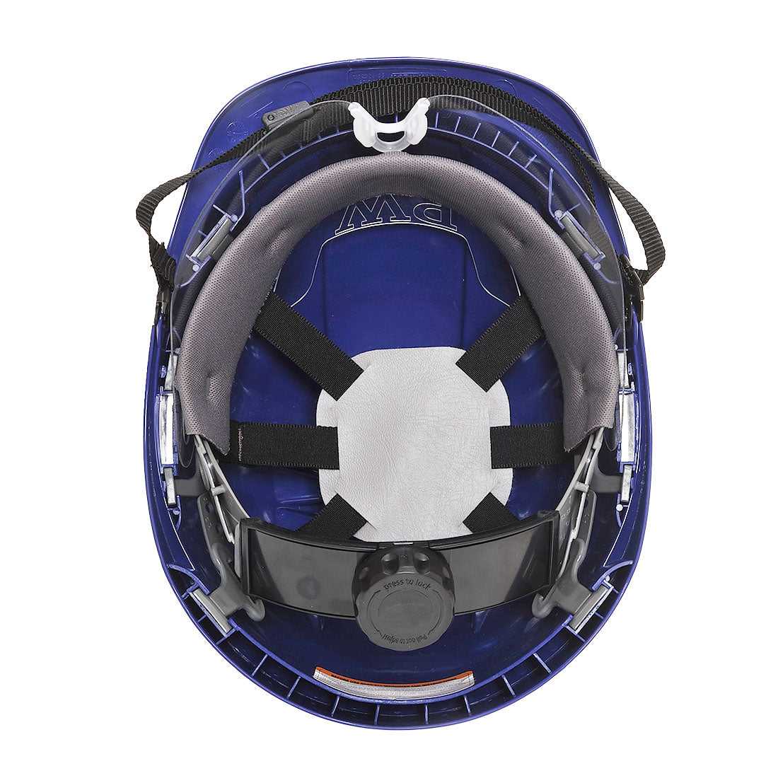 Innenansicht des blauen Endurance Plus Visierhelms PW54 mit weicher Polsterung und verstellbarem Kopfband – für sicheren Sitz bei der Arbeit.