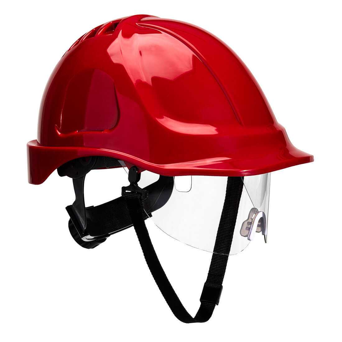 Roter Endurance Plus Visierhelm PW54 mit verstellbarem 6-Punkt-Gurt und Visier – hochwertiger Schutzhelm für den industriellen Einsatz.