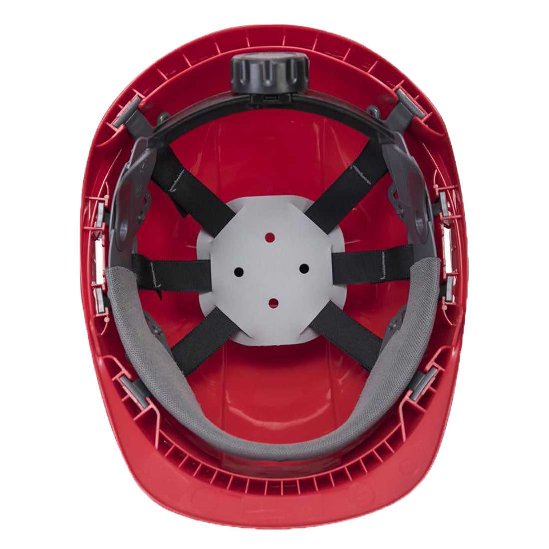Innenansicht des roten Endurance Plus Visierhelms PW54 mit gepolstertem 6-Punkt-Gurt und ergonomischem Drehverschluss für optimalen Tragekomfort.