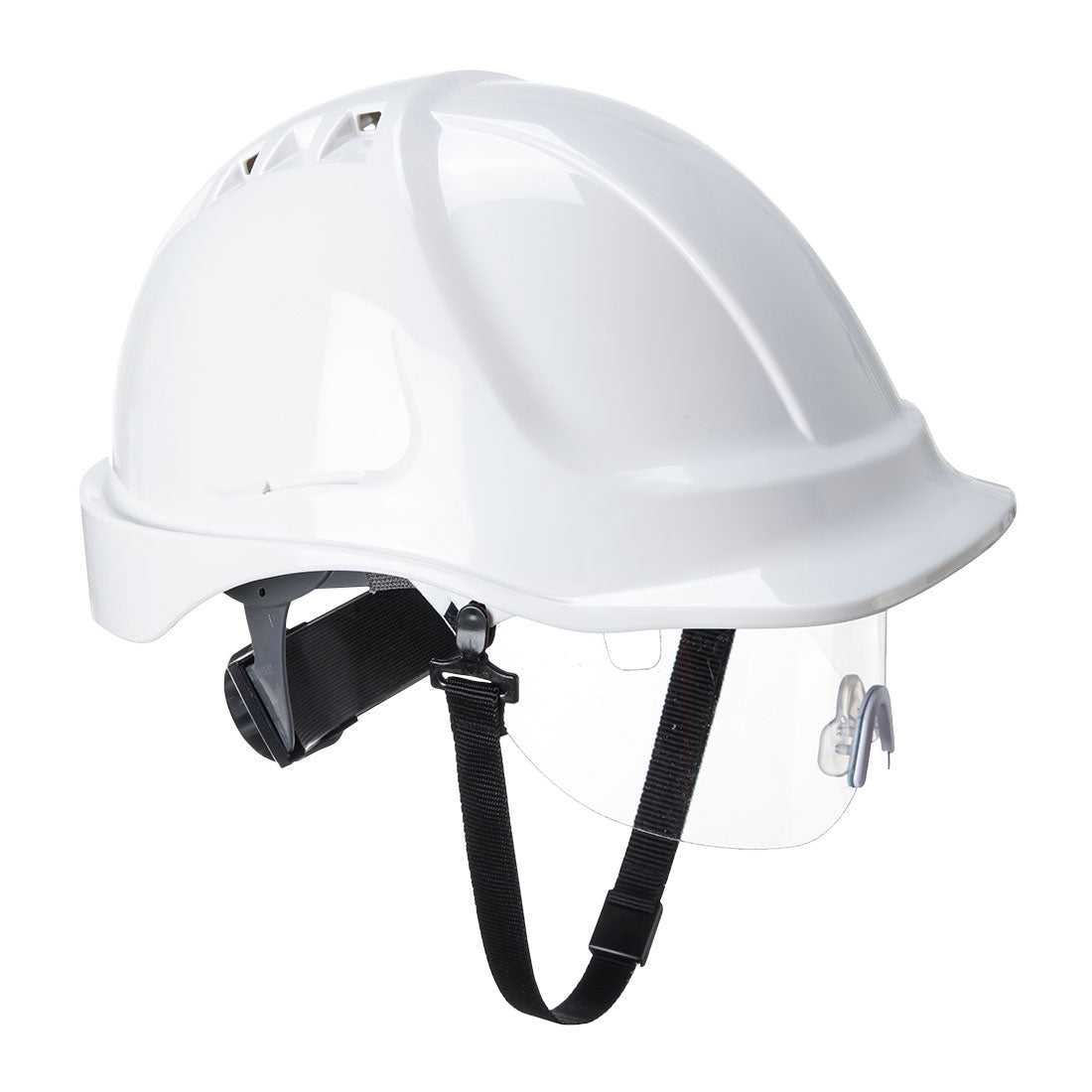 Weißer Endurance Plus Visierhelm PW54 mit robuster ABS-Schale und integriertem Gesichtsschutz – optimal für elektrische Anwendungen.