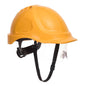 Endurance Plus Visierhelm PW54 in Gelb mit ABS-Schale, verstellbarem 6-Punkt-Gurt und integriertem Klarsichtvisier für Arbeitssicherheit.